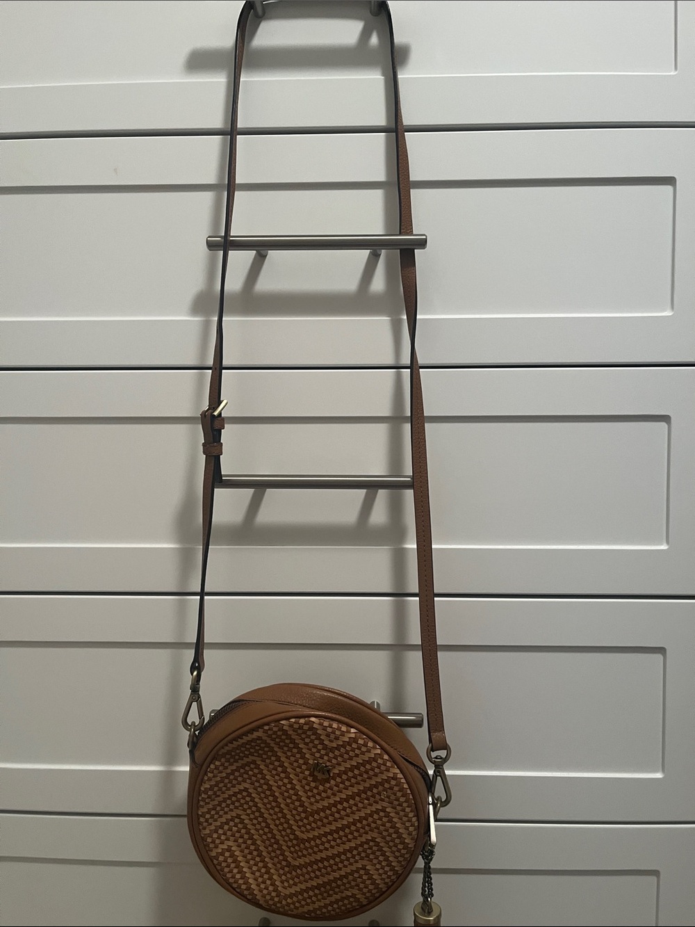 MICHAEL Michael Kors Tan Woven Leather Round Crossbody Bag